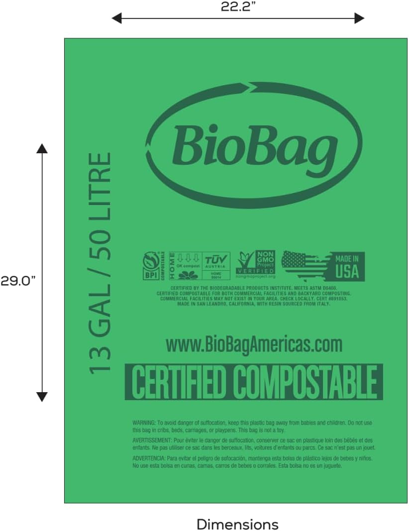 (USA), the Original Compostable Bag, 13 Gallon, 48 Total Count, 100% Certified Compostable Kitchen Food Scrap Bags, Kitchen Compost Trash Bin Compatible
